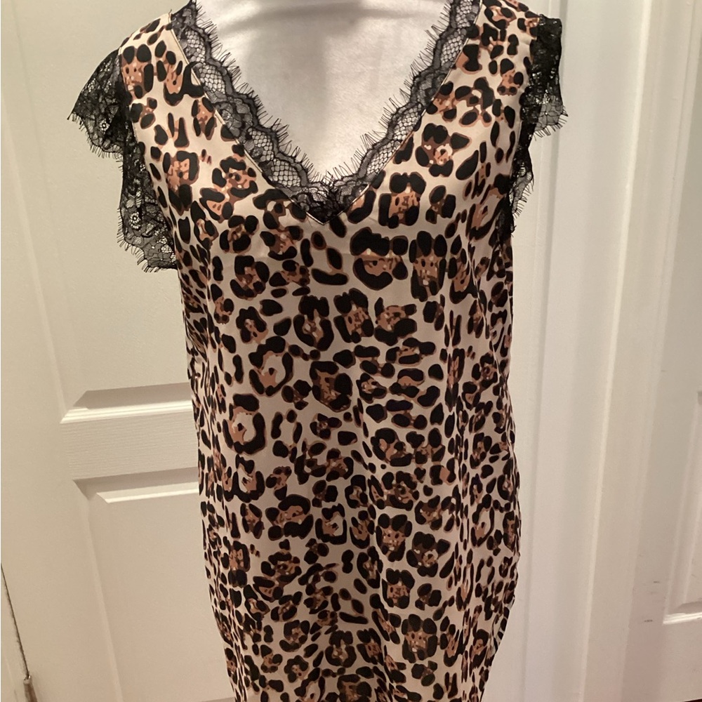 Leopard Print Lace-Trim Tank Top- Black & Brown